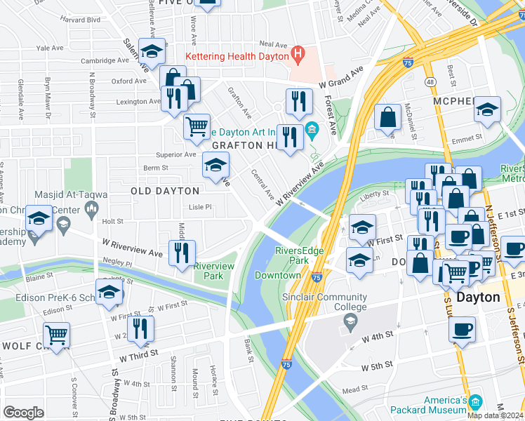 map of restaurants, bars, coffee shops, grocery stores, and more near 133 Salem Avenue in Dayton