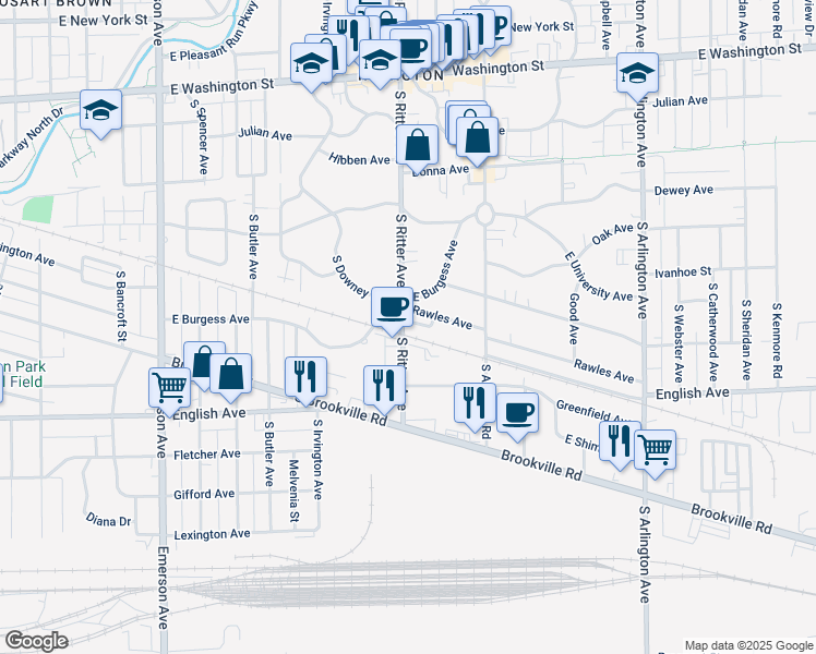 map of restaurants, bars, coffee shops, grocery stores, and more near 5508 Rawles Terrace in Indianapolis