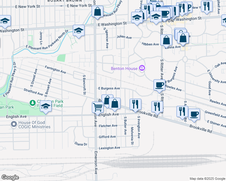 map of restaurants, bars, coffee shops, grocery stores, and more near 344 South Spencer Avenue in Indianapolis