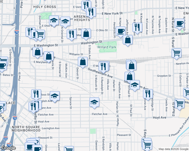 map of restaurants, bars, coffee shops, grocery stores, and more near 1705 Southeastern Avenue in Indianapolis
