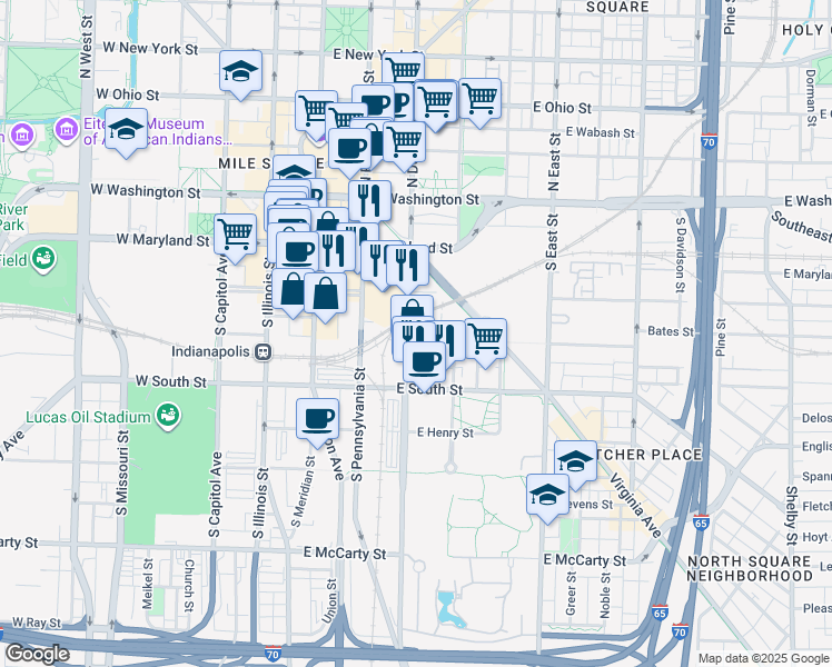 map of restaurants, bars, coffee shops, grocery stores, and more near 103 Virginia Avenue in Indianapolis