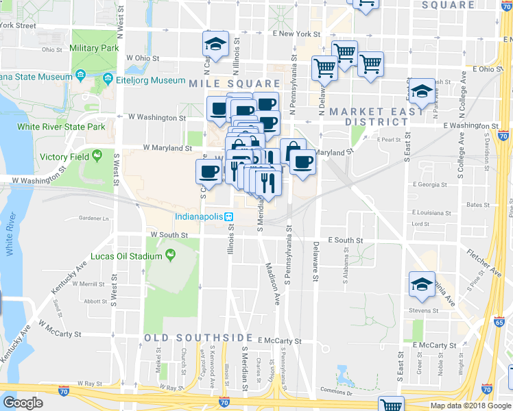 map of restaurants, bars, coffee shops, grocery stores, and more near 234 South Meridian Street in Indianapolis