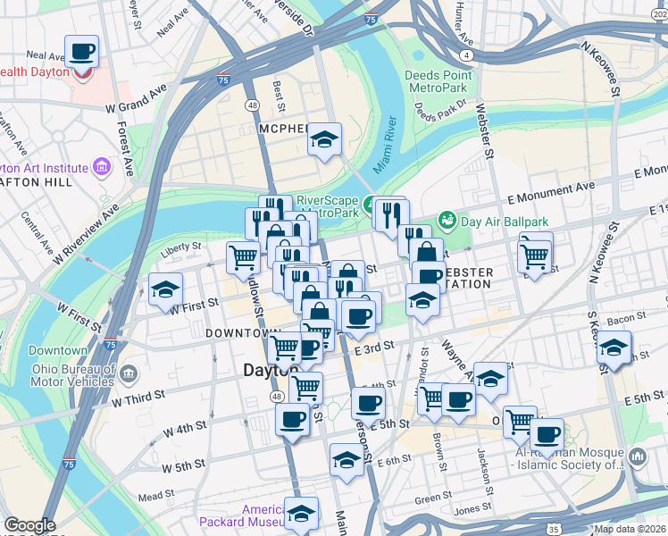 map of restaurants, bars, coffee shops, grocery stores, and more near 107 East 1st Street in Dayton
