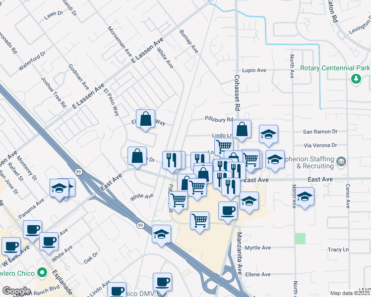map of restaurants, bars, coffee shops, grocery stores, and more near 2576 Pillsbury Road in Chico