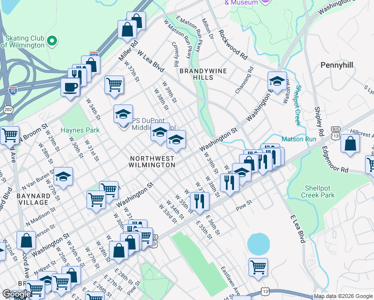 map of restaurants, bars, coffee shops, grocery stores, and more near 300 West 38th Street in Wilmington