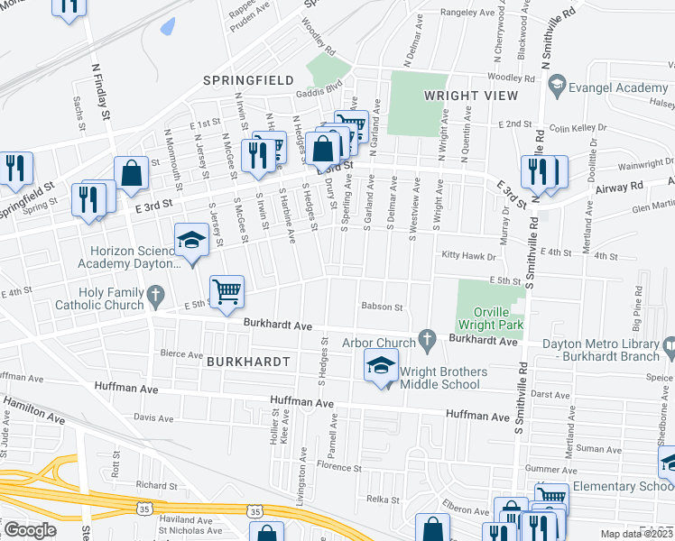 map of restaurants, bars, coffee shops, grocery stores, and more near 3415 East 5th Street in Dayton