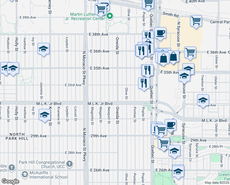map of restaurants, bars, coffee shops, grocery stores, and more near 3291 Oneida Street in Denver
