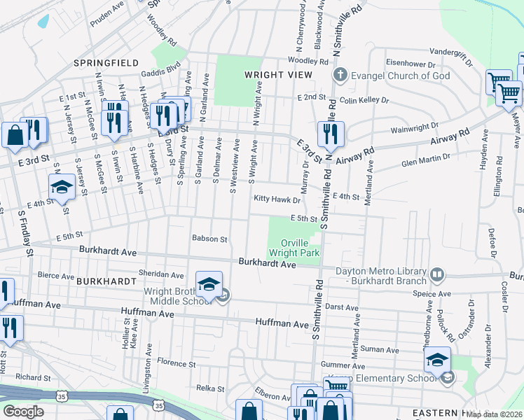 map of restaurants, bars, coffee shops, grocery stores, and more near 138 South Wright Avenue in Dayton
