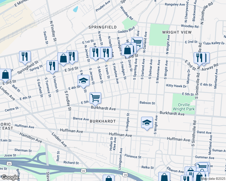map of restaurants, bars, coffee shops, grocery stores, and more near 122 South Irwin Street in Dayton