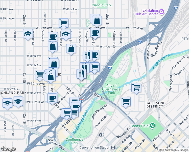 map of restaurants, bars, coffee shops, grocery stores, and more near 3234 Navajo Street in Denver