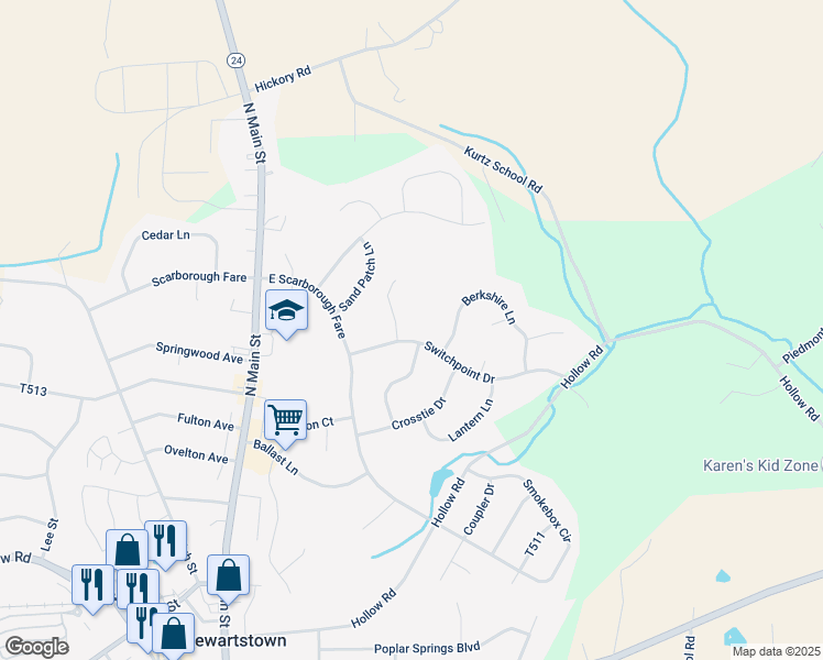 map of restaurants, bars, coffee shops, grocery stores, and more near 126 Switchpoint Dr in Stewartstown