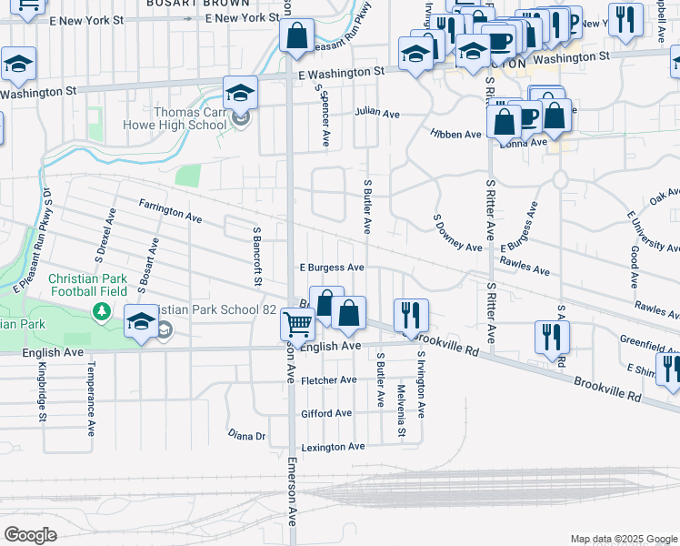 map of restaurants, bars, coffee shops, grocery stores, and more near 5221 East Burgess Avenue in Indianapolis