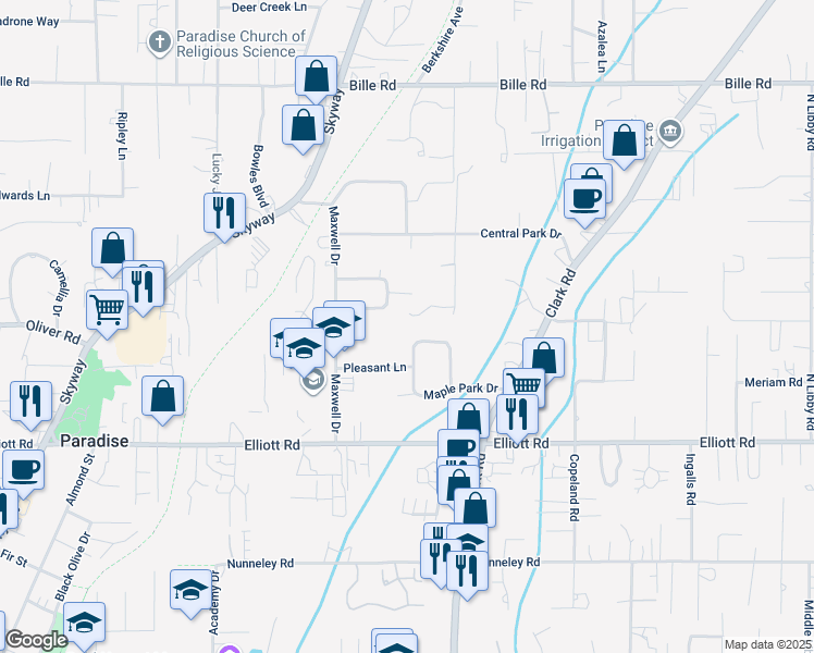 map of restaurants, bars, coffee shops, grocery stores, and more near 1028 Maple Park Drive in Paradise