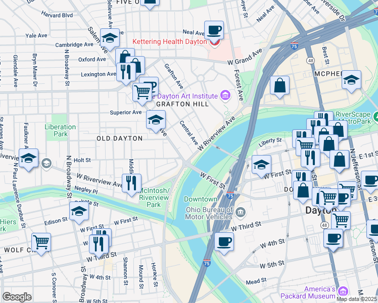 map of restaurants, bars, coffee shops, grocery stores, and more near 133 Salem Avenue in Dayton