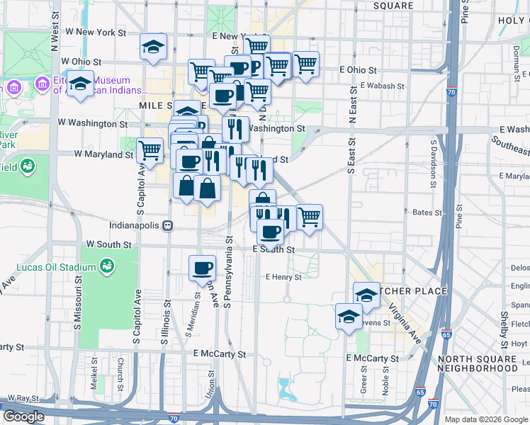 map of restaurants, bars, coffee shops, grocery stores, and more near 103 Virginia Avenue in Indianapolis