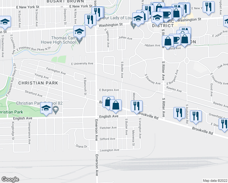 map of restaurants, bars, coffee shops, grocery stores, and more near 5225 East Burgess Avenue in Indianapolis