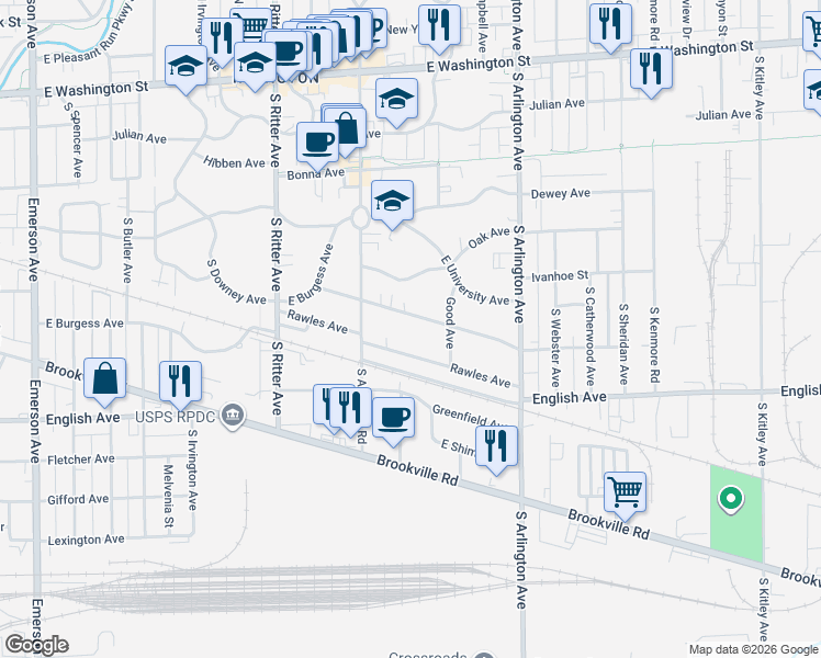 map of restaurants, bars, coffee shops, grocery stores, and more near 5805 East Beechwood Avenue in Indianapolis