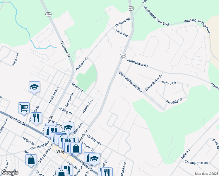 map of restaurants, bars, coffee shops, grocery stores, and more near 11730 Anthony Highway in Waynesboro