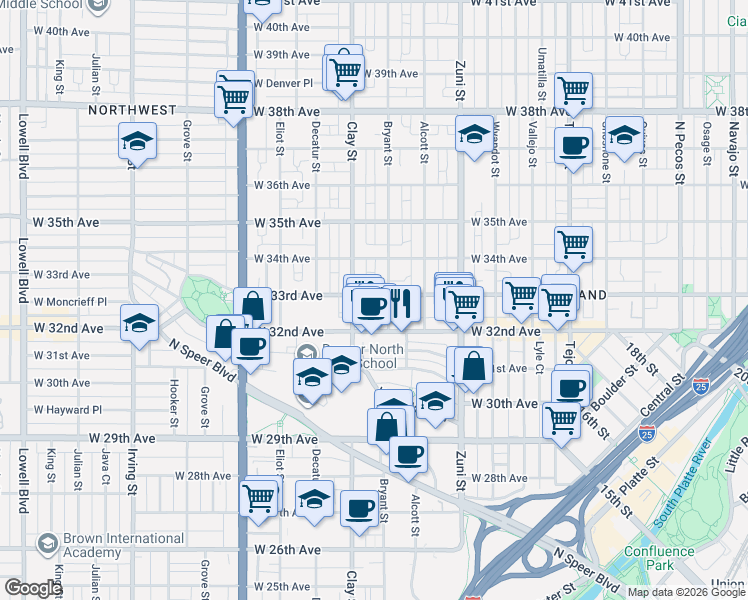 map of restaurants, bars, coffee shops, grocery stores, and more near 2625 West 33rd Avenue in Denver