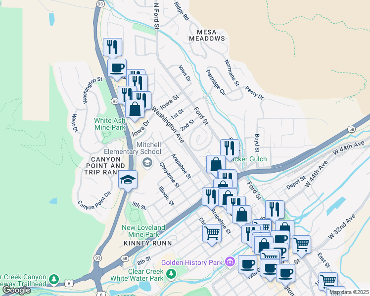 map of restaurants, bars, coffee shops, grocery stores, and more near 300 Washington Avenue in Golden