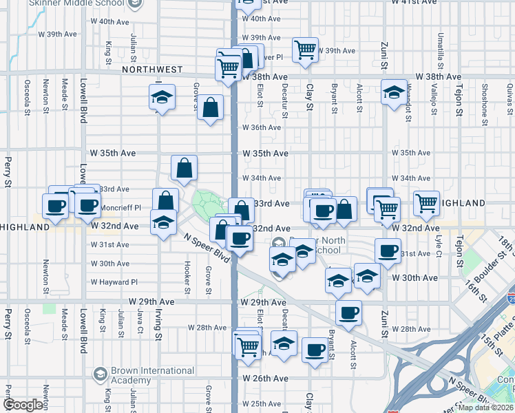 map of restaurants, bars, coffee shops, grocery stores, and more near 3295 Eliot Street in Denver