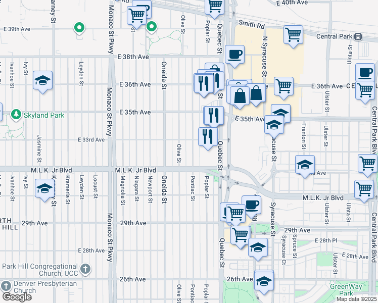 map of restaurants, bars, coffee shops, grocery stores, and more near 3276 Pontiac Street in Denver