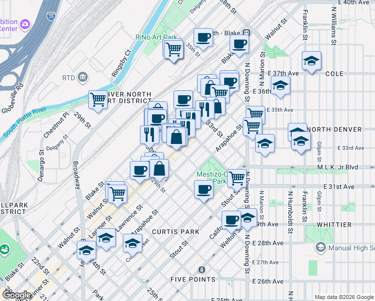 map of restaurants, bars, coffee shops, grocery stores, and more near 3120 Larimer Street in Denver