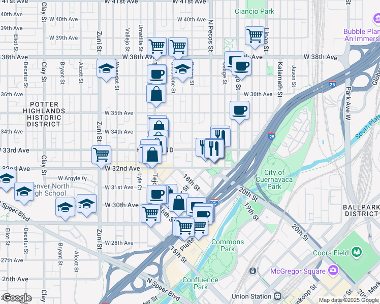 map of restaurants, bars, coffee shops, grocery stores, and more near 1743 West 33rd Avenue in Denver