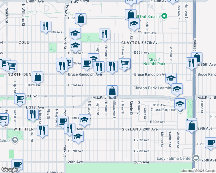 map of restaurants, bars, coffee shops, grocery stores, and more near 3258 Fillmore Street in Denver