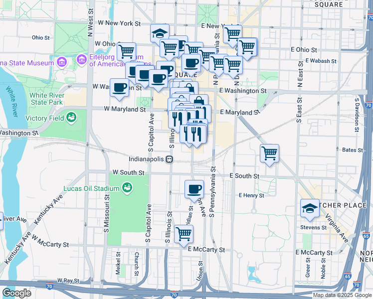 map of restaurants, bars, coffee shops, grocery stores, and more near 255 S McCrea Street in Indianapolis