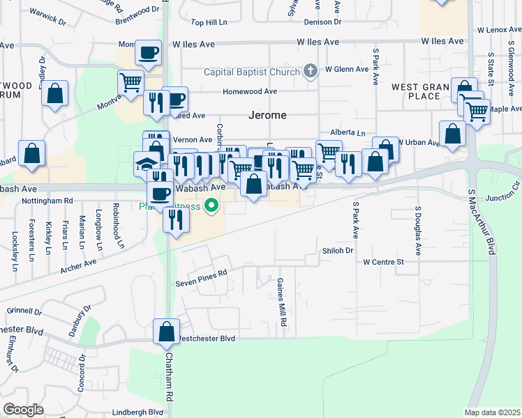 map of restaurants, bars, coffee shops, grocery stores, and more near 1580 Wabash Ave in Springfield