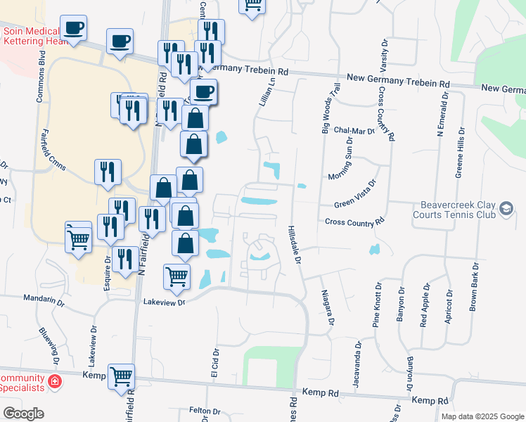 map of restaurants, bars, coffee shops, grocery stores, and more near 3048 Westminster Drive in Beavercreek