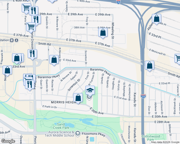 map of restaurants, bars, coffee shops, grocery stores, and more near 3295 Tucson Street in Aurora