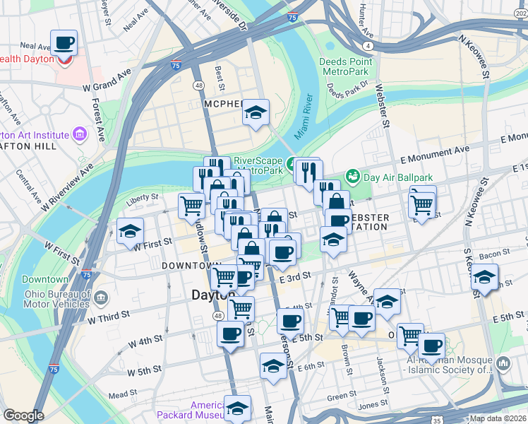 map of restaurants, bars, coffee shops, grocery stores, and more near 107 East 1st Street in Dayton