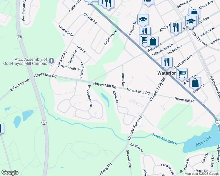map of restaurants, bars, coffee shops, grocery stores, and more near 150 Hayes Mill Road in Atco