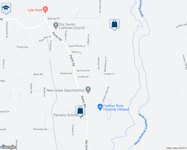 map of restaurants, bars, coffee shops, grocery stores, and more near 1873 Conifer Drive in Paradise