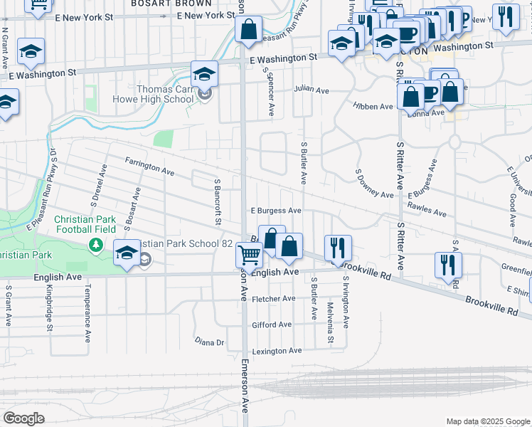 map of restaurants, bars, coffee shops, grocery stores, and more near 344 South Grand Avenue in Indianapolis