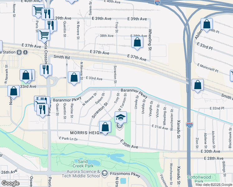 map of restaurants, bars, coffee shops, grocery stores, and more near 3294 Scranton Street in Aurora