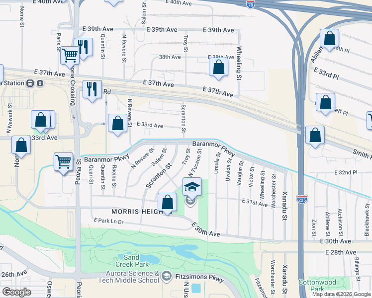 map of restaurants, bars, coffee shops, grocery stores, and more near 3294 Scranton Street in Aurora