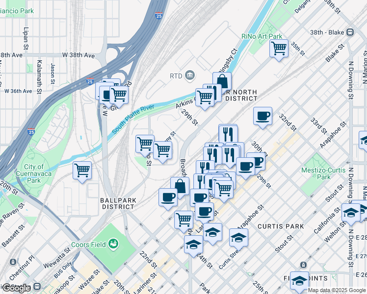 map of restaurants, bars, coffee shops, grocery stores, and more near in Denver