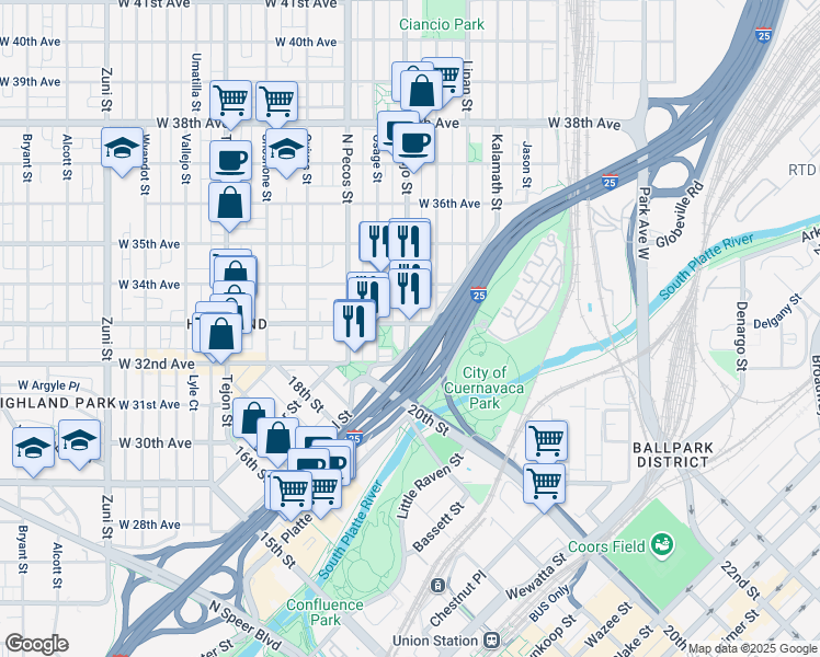 map of restaurants, bars, coffee shops, grocery stores, and more near 3315 Navajo Street in Denver