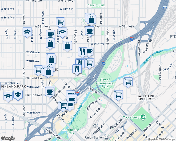 map of restaurants, bars, coffee shops, grocery stores, and more near 3315 Navajo Street in Denver