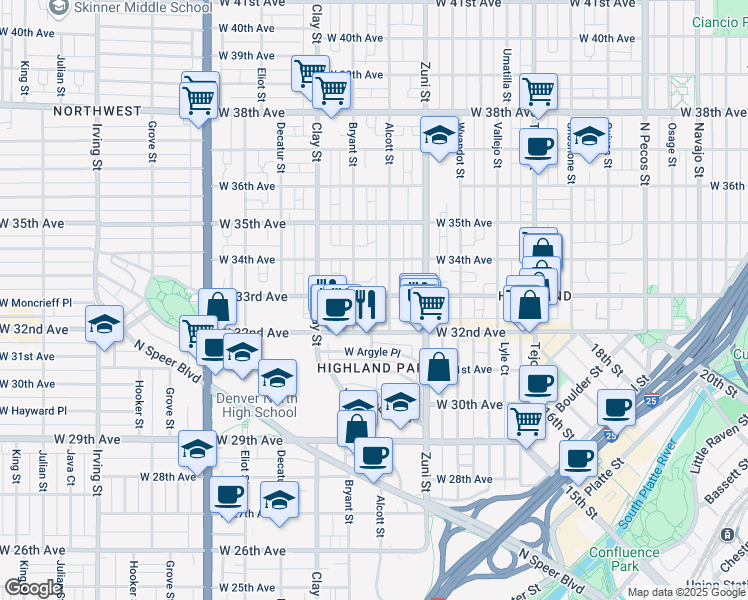 map of restaurants, bars, coffee shops, grocery stores, and more near 2525 West 33rd Avenue in Denver
