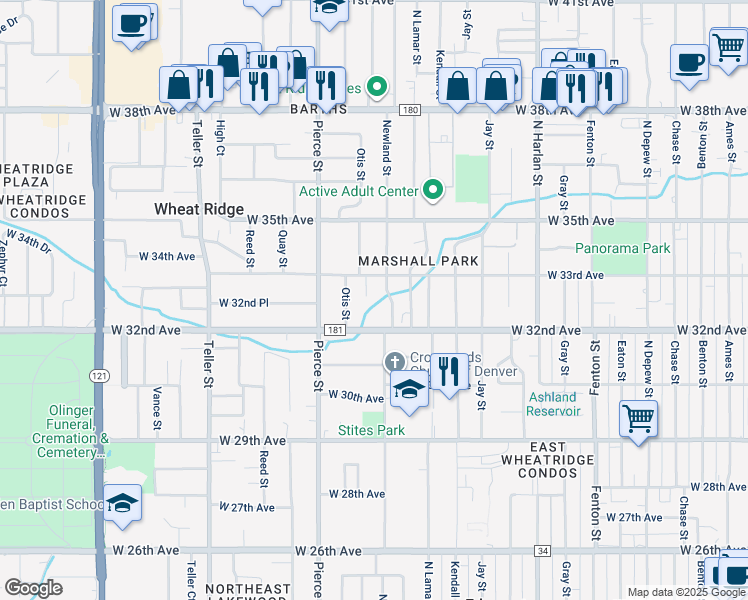 map of restaurants, bars, coffee shops, grocery stores, and more near 3280 Newland Street in Wheat Ridge