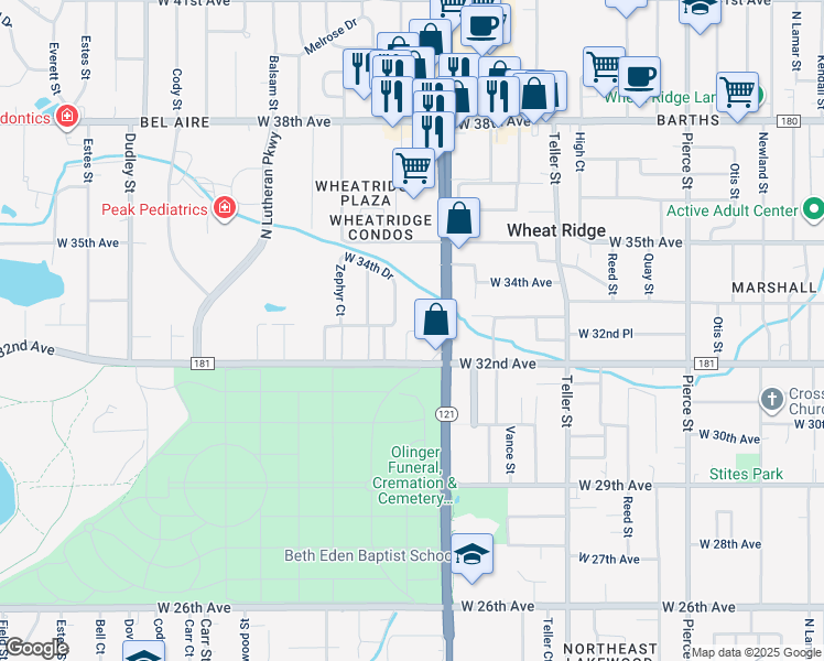 map of restaurants, bars, coffee shops, grocery stores, and more near 3321 Yukon Court in Wheat Ridge