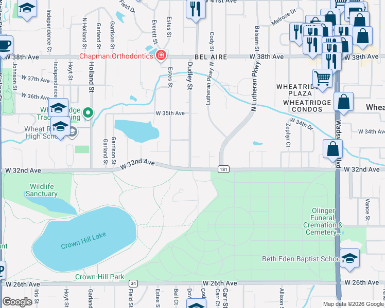 map of restaurants, bars, coffee shops, grocery stores, and more near 8631 West 32nd Place in Wheat Ridge