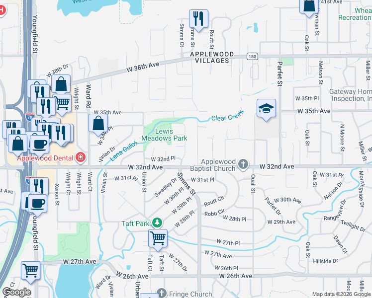 map of restaurants, bars, coffee shops, grocery stores, and more near 3333 Simms Street in Wheat Ridge