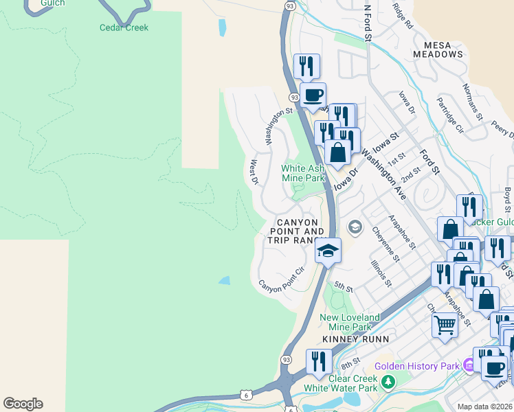 map of restaurants, bars, coffee shops, grocery stores, and more near 180 Washington Street in Golden
