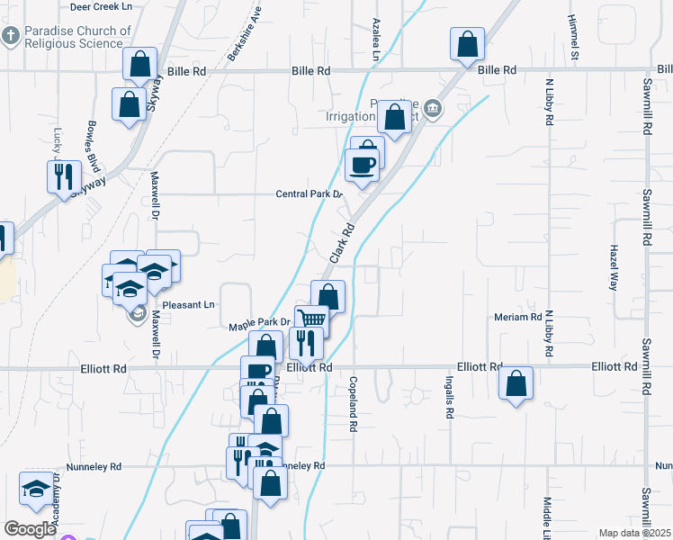 map of restaurants, bars, coffee shops, grocery stores, and more near 6150 Clark Road in Paradise