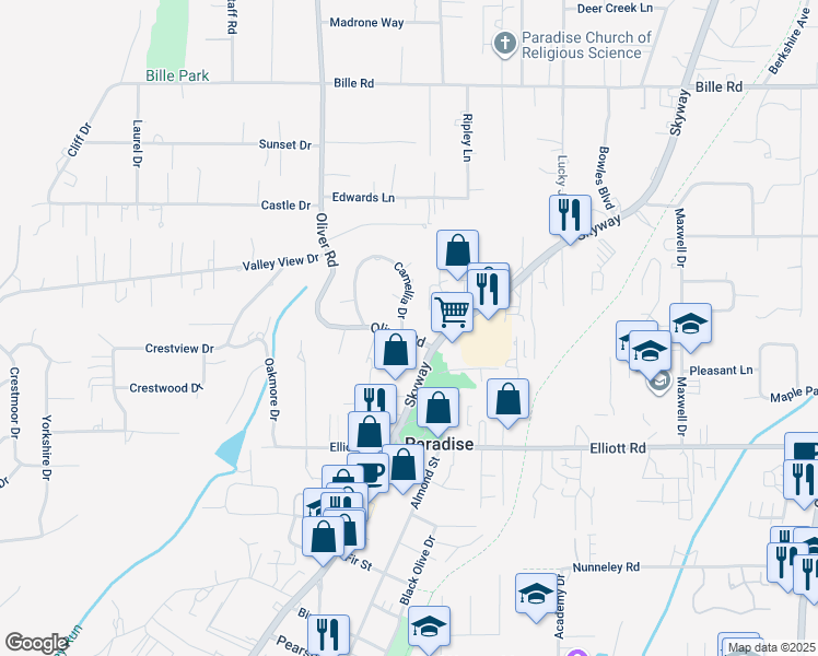 map of restaurants, bars, coffee shops, grocery stores, and more near 827 Camellia Drive in Paradise